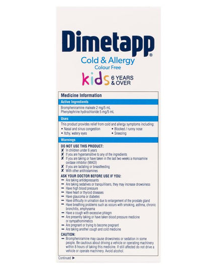 Dimetapp Cold and Allergy Colour Free 200mL