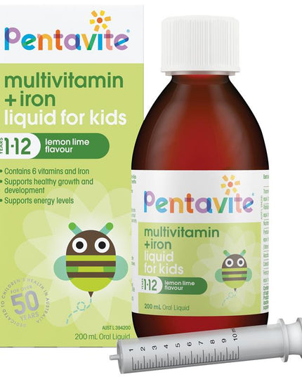 Pentavite Multivitamin + Iron Kids Liquid Lemon Lime 200ml NEW