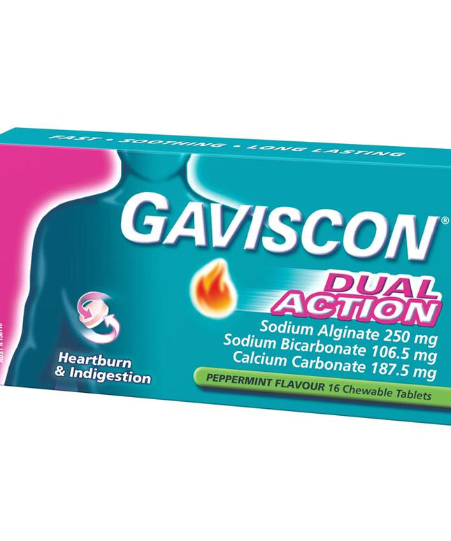 Gaviscon Dual Action Chewable Tablets Peppermint Heartburn & Indigestion Relief 16 Pack