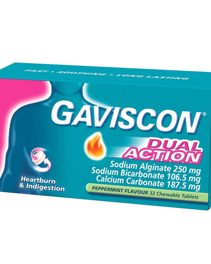 Gaviscon Dual Action Chewable Tablets Peppermint Heartburn & Indigestion Relief 32 Pack