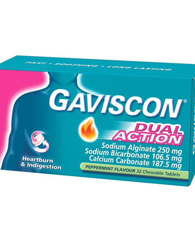Gaviscon Dual Action Chewable Tablets Peppermint Heartburn & Indigestion Relief 32 Pack
