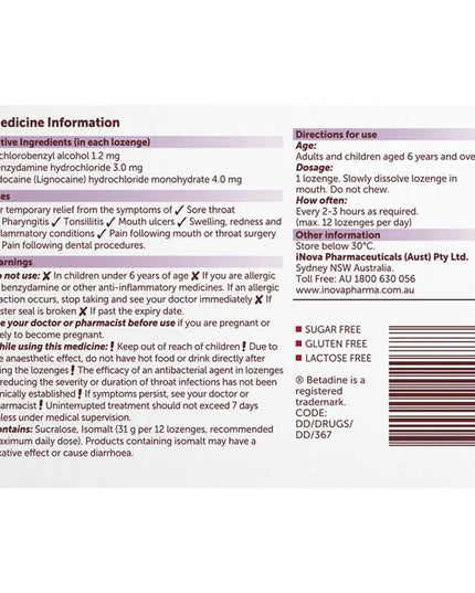 Betadine Sore Throat Anaesthetic Berry 36 Lozenges