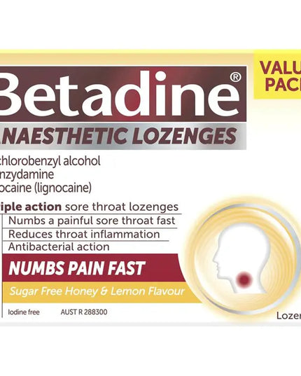 Betadine Sore Throat Lozenges Anaesthetic Honey & Lemon Flavour 36 Pack