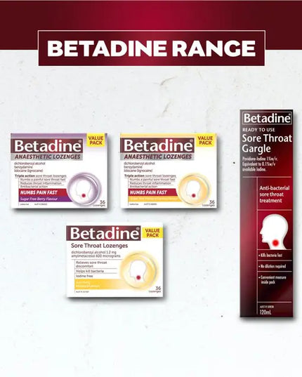 Betadine Sore Throat Lozenges Anaesthetic Honey & Lemon Flavour 36 Pack