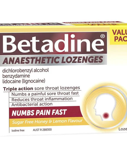 Betadine Sore Throat Lozenges Anaesthetic Honey & Lemon Flavour 36 Pack