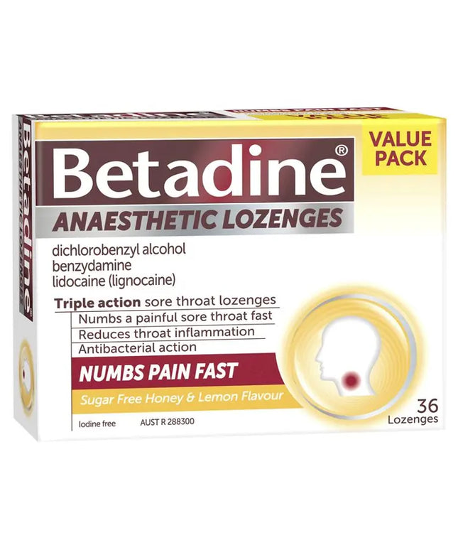 Betadine Sore Throat Lozenges Anaesthetic Honey & Lemon Flavour 36 Pack
