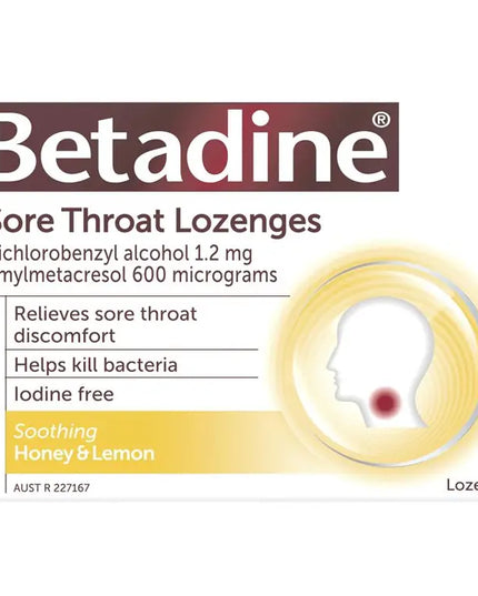 Betadine Sore Throat Lozenges Soothing Honey & Lemon Flavour 16 Pack