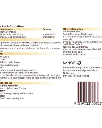 Betadine Sore Throat Lozenges Soothing Honey & Lemon Flavour 16 Pack