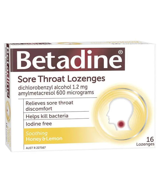 Betadine Sore Throat Lozenges Soothing Honey & Lemon Flavour 16 Pack