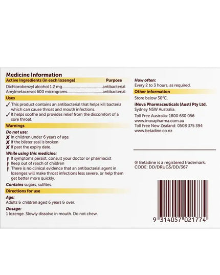 Betadine Sore Throat Lozenges Soothing Honey & Lemon Flavour 36 Pack