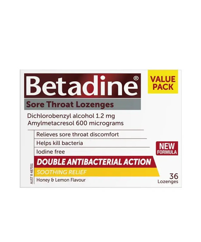Betadine Sore Throat Lozenges Soothing Honey & Lemon Flavour 36 Pack