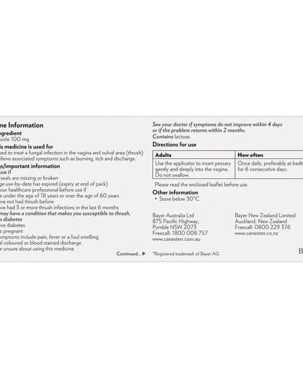 Canesten 6 Day Thrush Treatment Pessary