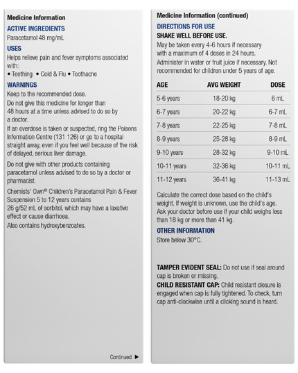 Chemists' Own Children's Paracetamol Pain & Fever Suspention 120mg/5mL 5-12 Years 200mL