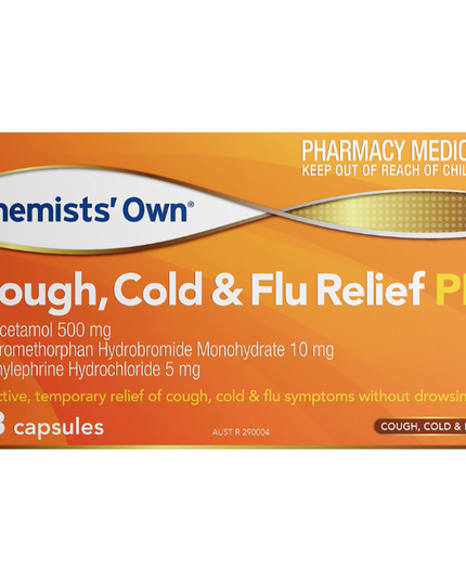 Chemists' Own Cough, Cold & Flu Relief PE Paracetamol Dextromethorphan Phenylephrine 48 Capsules