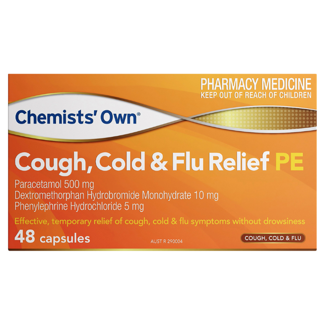 Chemists' Own Cough, Cold & Flu Relief PE Paracetamol Dextromethorphan Phenylephrine 48 Capsules