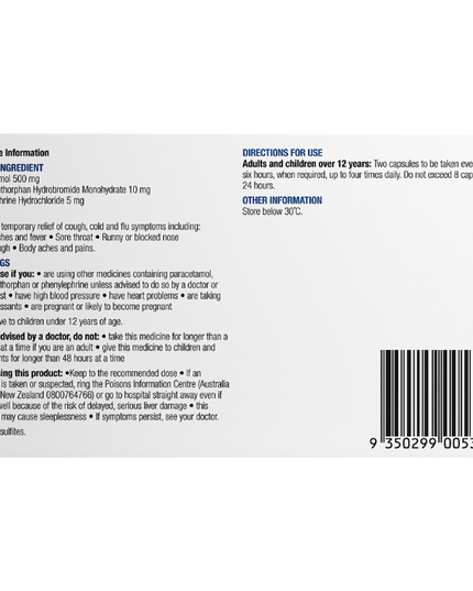 Chemists' Own Cough, Cold & Flu Relief PE Paracetamol Dextromethorphan Phenylephrine 48 Capsules