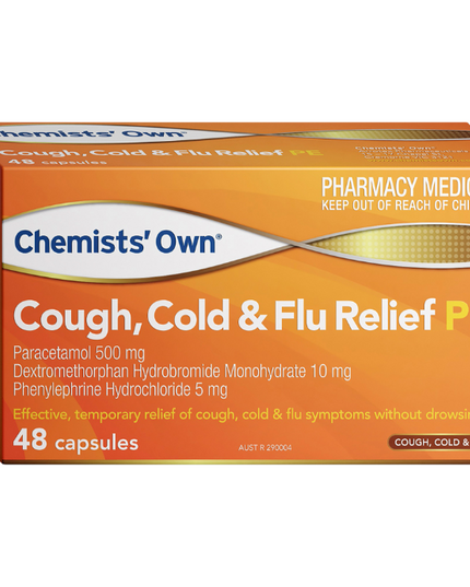 Chemists' Own Cough, Cold & Flu Relief PE Paracetamol Dextromethorphan Phenylephrine 48 Capsules