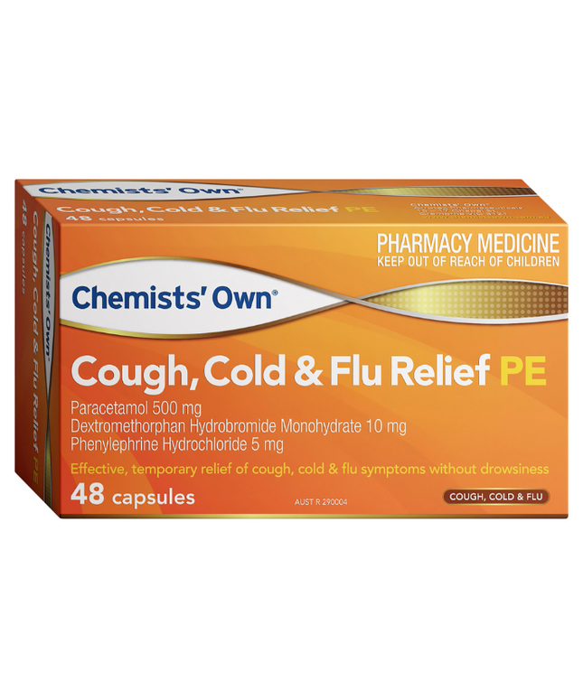 Chemists' Own Cough, Cold & Flu Relief PE Paracetamol Dextromethorphan Phenylephrine 48 Capsules