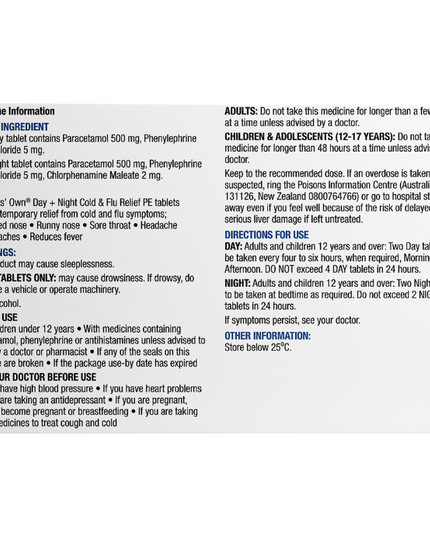 Chemists' Own Day & Night Cold & Flu Relief PE Paracetamol Phenylephrine 500mg 48 Tablets