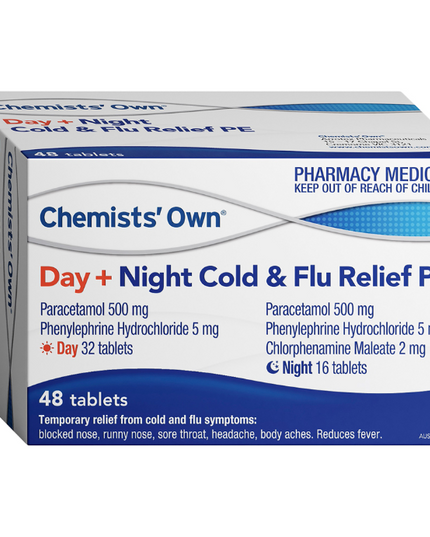 Chemists' Own Day & Night Cold & Flu Relief PE Paracetamol Phenylephrine 500mg 48 Tablets