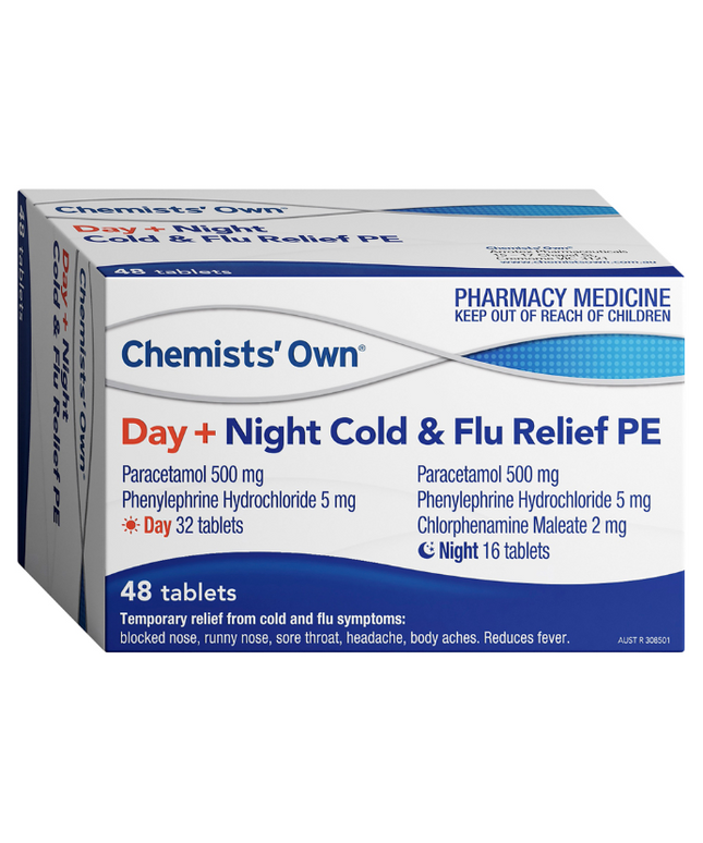 Chemists' Own Day & Night Cold & Flu Relief PE Paracetamol Phenylephrine 500mg 48 Tablets