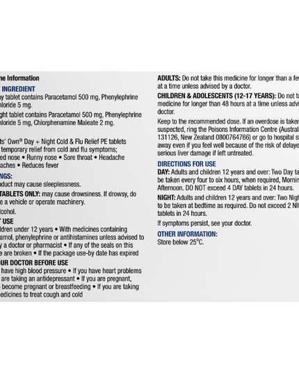 Chemists' Own Day & Night Cold & Flu Relief PE Paracetamol Phenylephrine Hydrochloride 500mg 24 Tablets