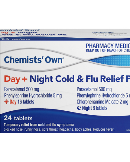 Chemists' Own Day & Night Cold & Flu Relief PE Paracetamol Phenylephrine Hydrochloride 500mg 24 Tablets
