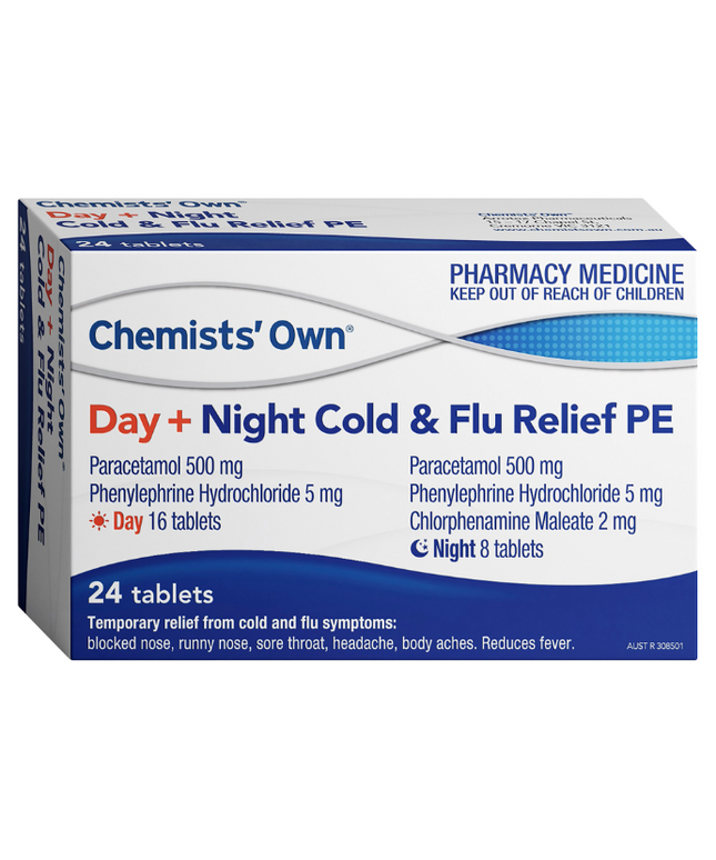 Chemists' Own Day & Night Cold & Flu Relief PE Paracetamol Phenylephrine Hydrochloride 500mg 24 Tablets