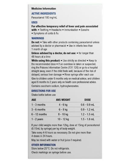 Chemists' Own Paracetamol 100mg Pain & Fever Drops 1 Month-2 Years 20mL