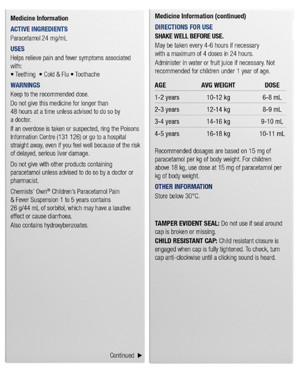 Chemists' Own Children's Paracetamol Pain & Fever Suspention 120mg/5mL 1-5 Years 200mL
