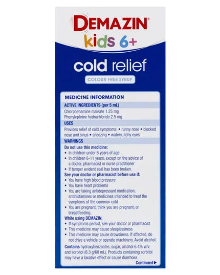 Demazin Kids 6+ Cold Relief Colour Free Syrup 200ml