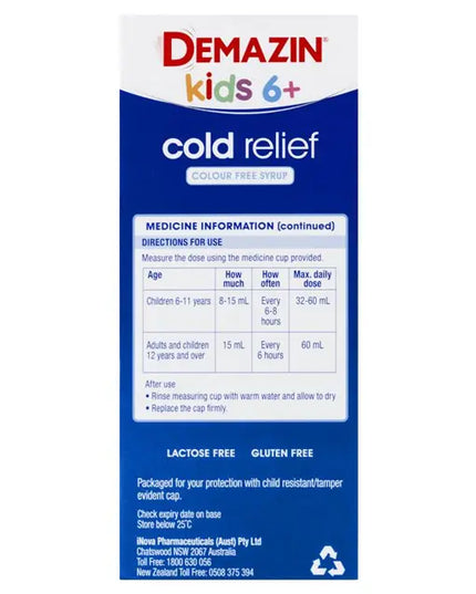 Demazin Kids 6+ Cold Relief Colour Free Syrup 200ml