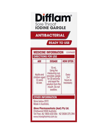 Difflam Ready to Use Sore Throat Gargle with Iodine 200mL