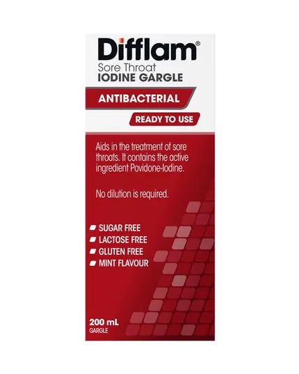 Difflam Ready to Use Sore Throat Gargle with Iodine 200mL