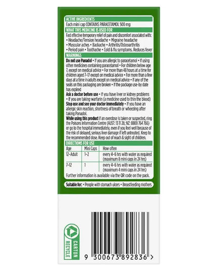Panadol Paracetamol Pain Relief 500mg Mini 48 Capsules