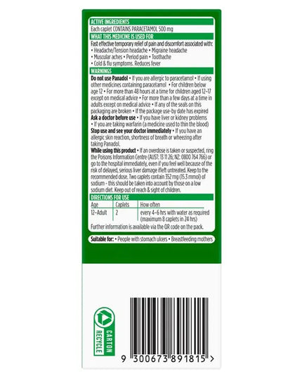 Panadol Rapid Paracetamol Pain Relief 48 Caplets