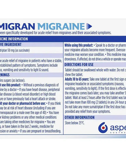 Pharmacist Only Imigran Migraine 50mg 2 Tablets - Sumatriptan (S3)