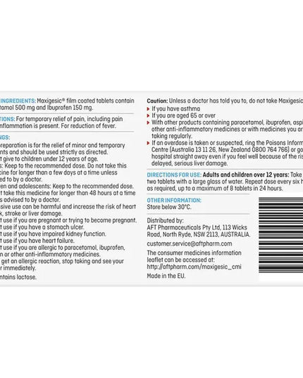 Pharmacist Only Maxigesic Double Action Combination Pain Relief 30 Tablets - Paracetamol + Ibuprofen (S3)
