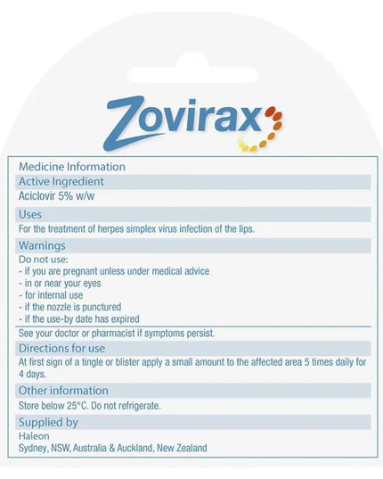 Zovirax Cold Sore Cream Tube 2g