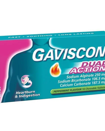 Gaviscon Dual Action Chewable Tablets Peppermint Heartburn & Indigestion Relief 16 Pack