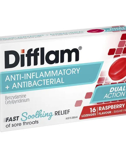 Difflam Sore Throat Sugar Free Raspberry 16 Lozenges