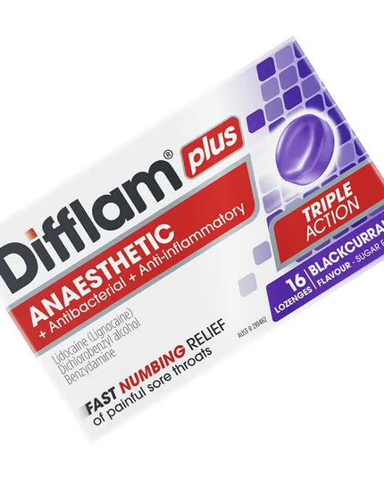 Difflam Plus Anaesthetic Sugar Free Blackcurrant 16 Lozenges