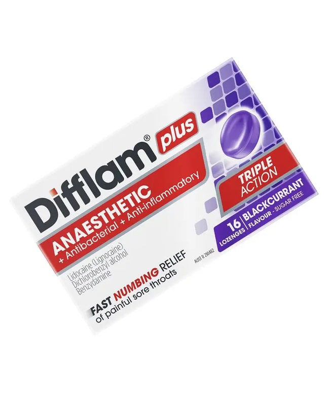 Difflam Plus Anaesthetic Sugar Free Blackcurrant 16 Lozenges