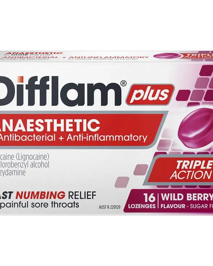 Difflam Plus Anaesthetic Sugar Free Wild Berry 16 Lozenges