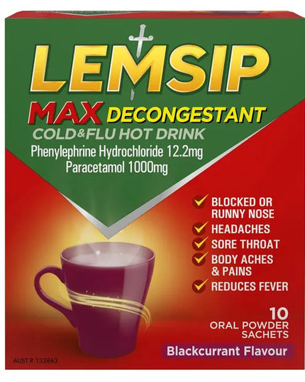 Lemsip Max Cold & Flu Hot Drink with Decongestant Blackcurrant 10 Sachets