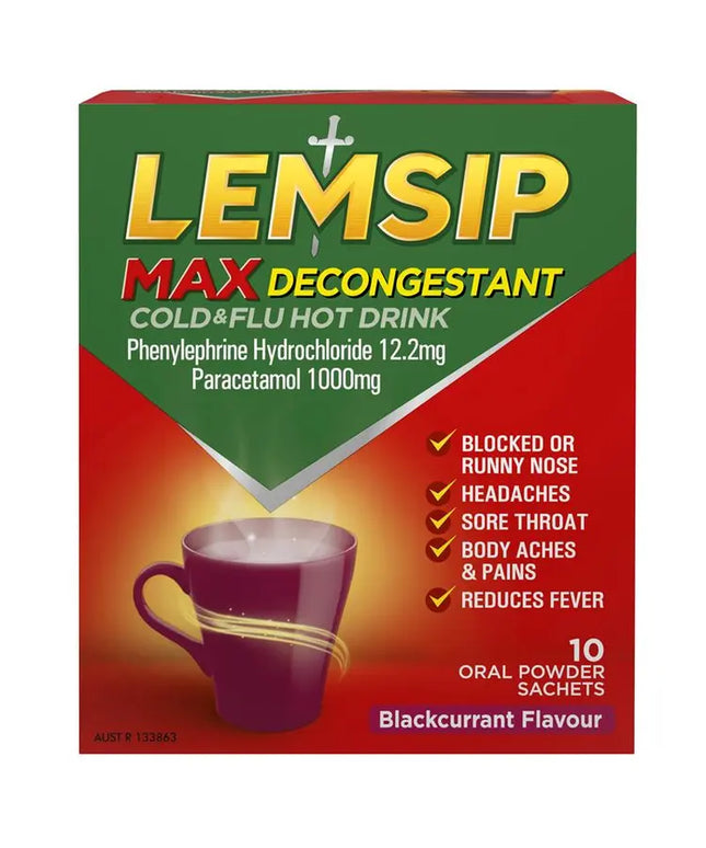 Lemsip Max Cold & Flu Hot Drink with Decongestant Blackcurrant 10 Sachets