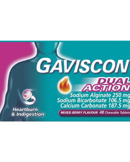 Gaviscon Dual Action Chewable Tablets Heartburn and Indigestion Relief Mixed Berry 48 Pack