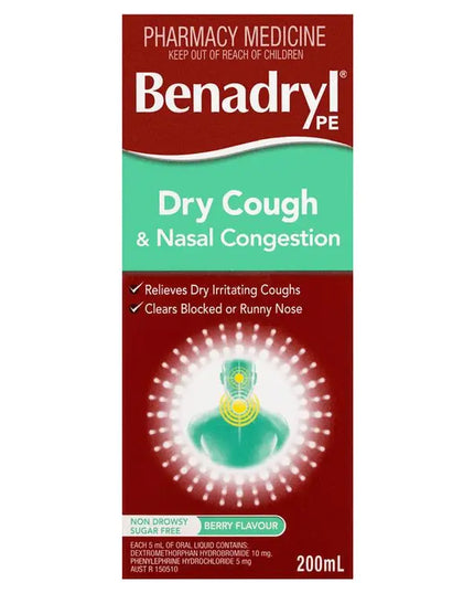 Benadryl PE Dry Cough & Nasal Congestion Non Drowsy Berry Flavour 200mL
