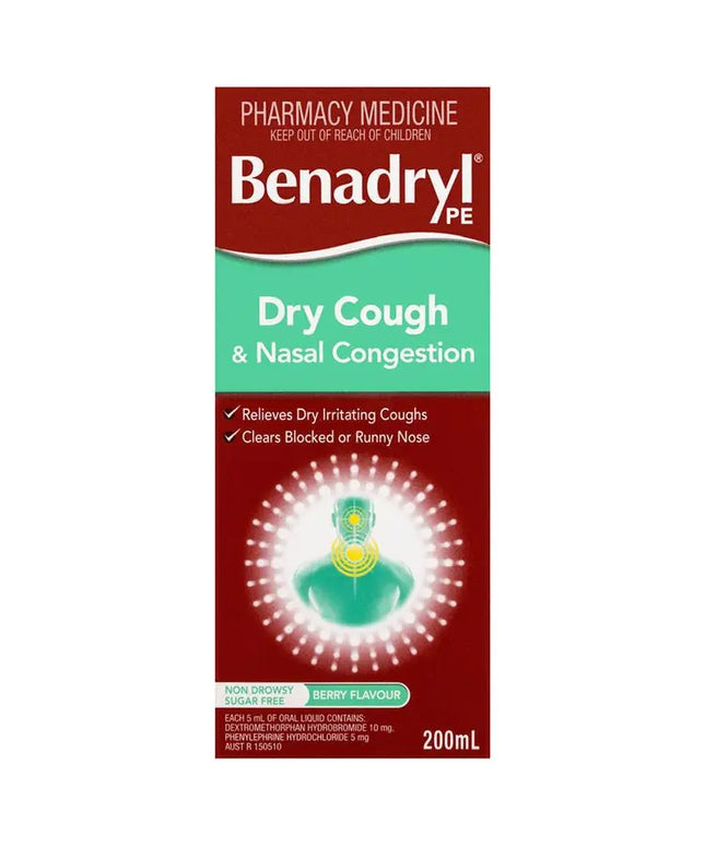 Benadryl PE Dry Cough & Nasal Congestion Non Drowsy Berry Flavour 200mL