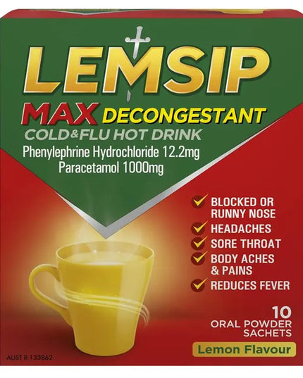 Lemsip Max with Decongestant Lemon 10pk Cold and Flu Hot Drink